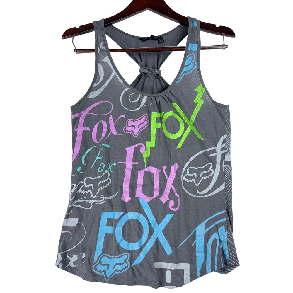 Fox Racing Tank Top Womens Medium Gray Neon Graffiti Logo Racerback Moto Y2K